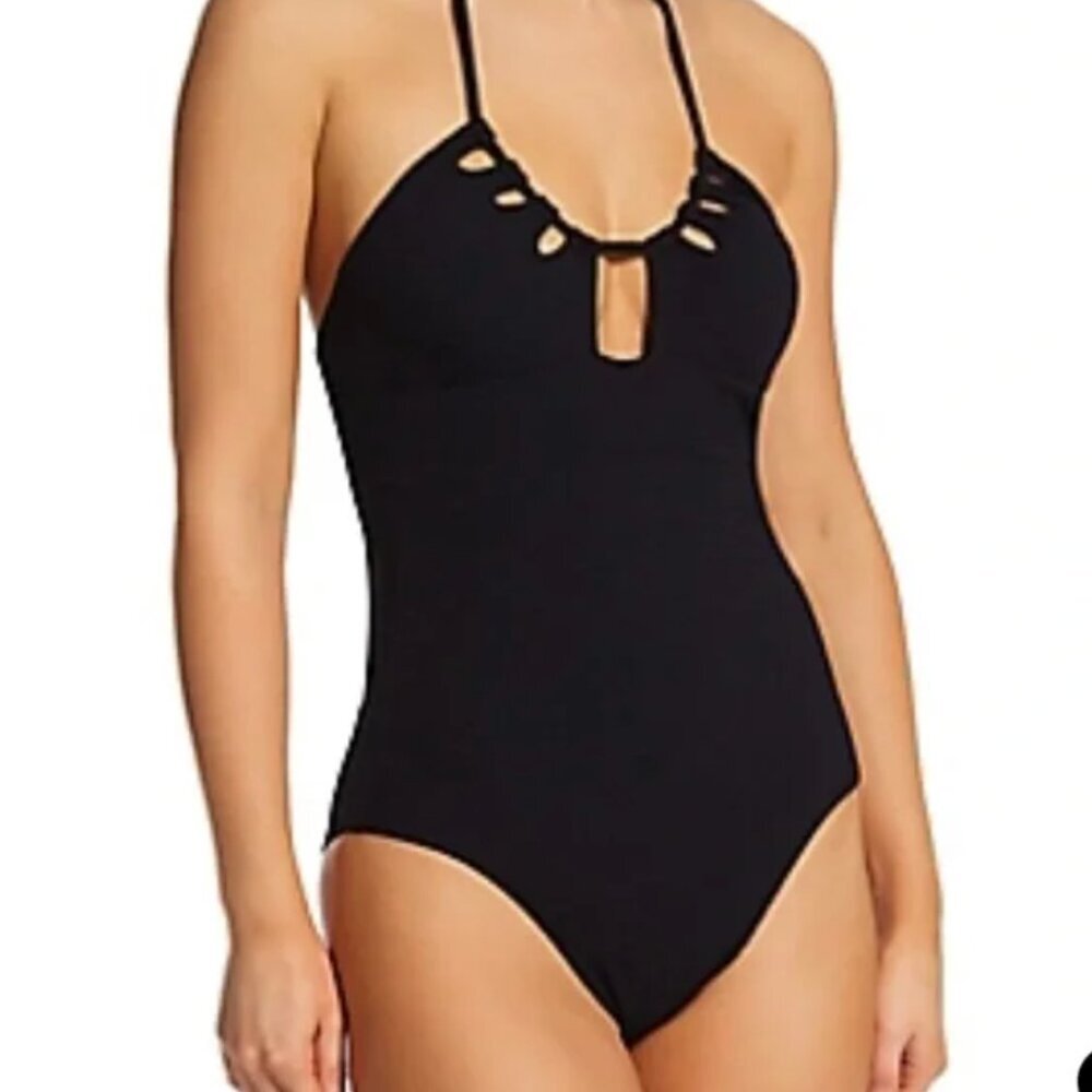 BECCA Pucker Up Candice Large Green Textured‎ Halter Cut Out One Piece Swimsuit - Picture 7 of 10